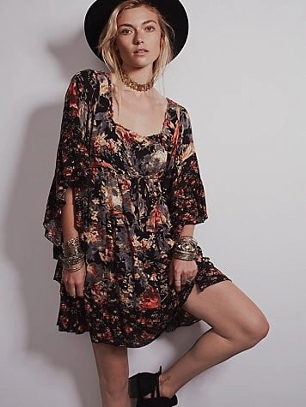 Free People Heart of Gold Black Floral Mini Dress NWOT